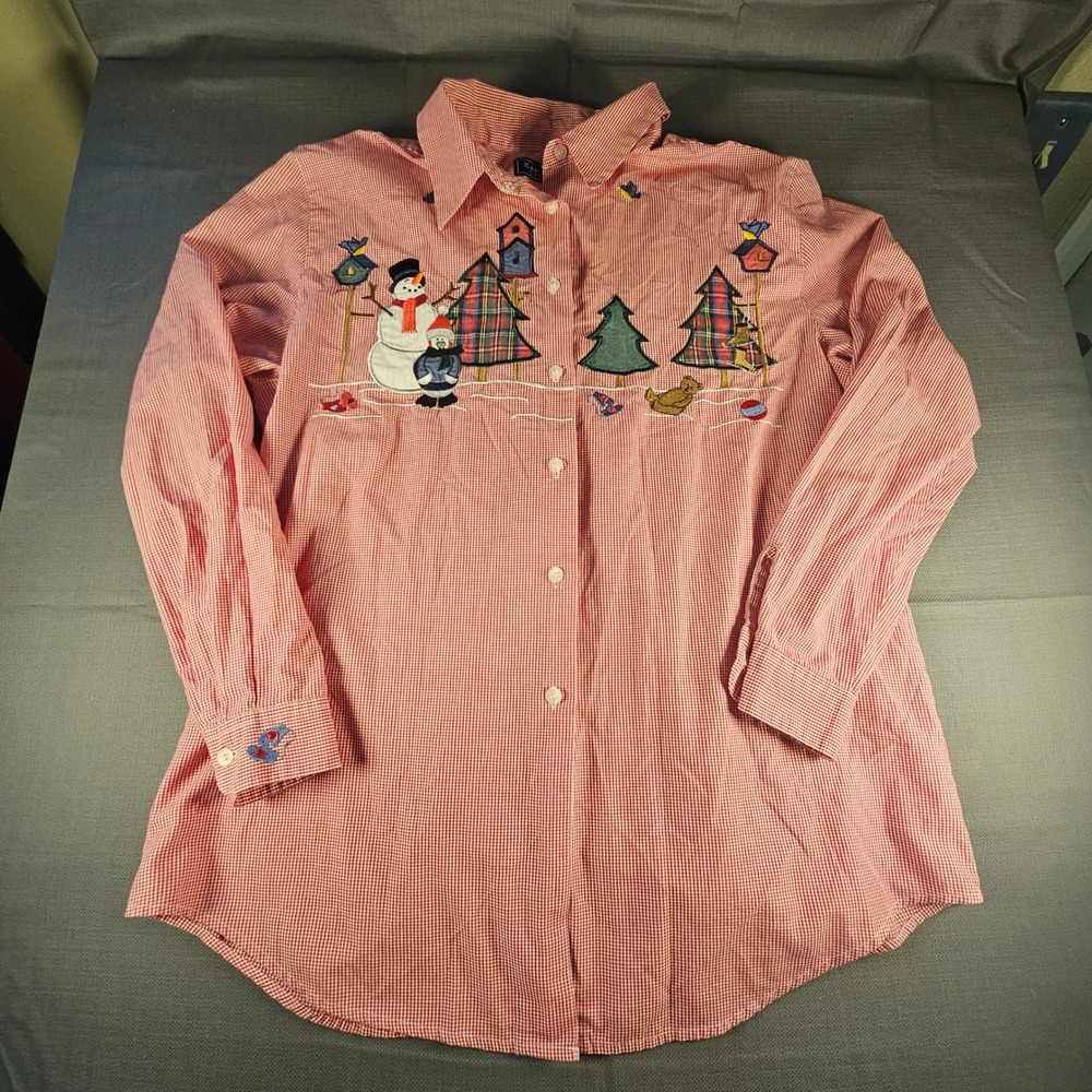 Karen Scott Red Gingham Christmas Snowman Embroidered Button Up Shirt Large